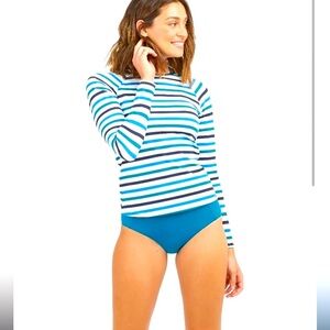SPANX Swim Shirt Rashguard Ocean Stripe Coastal Blue Long Sleeve Top NWT Sz S
